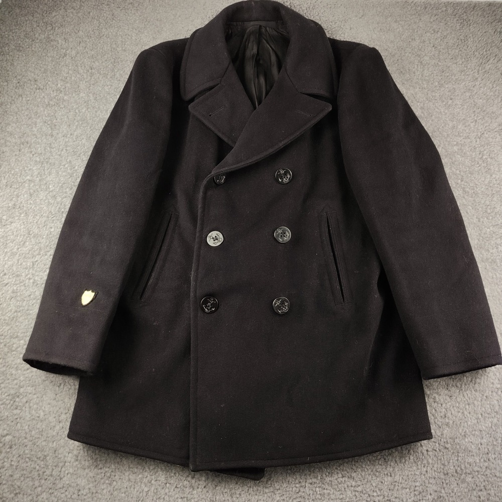 VTG 40s US Navy Pea Coat Naval Clothing Depot Black Wool Double Breasted Size 42